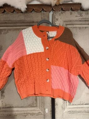 POL Colorblock Cable-Knit Cardigan in Orange, Pink & Cream